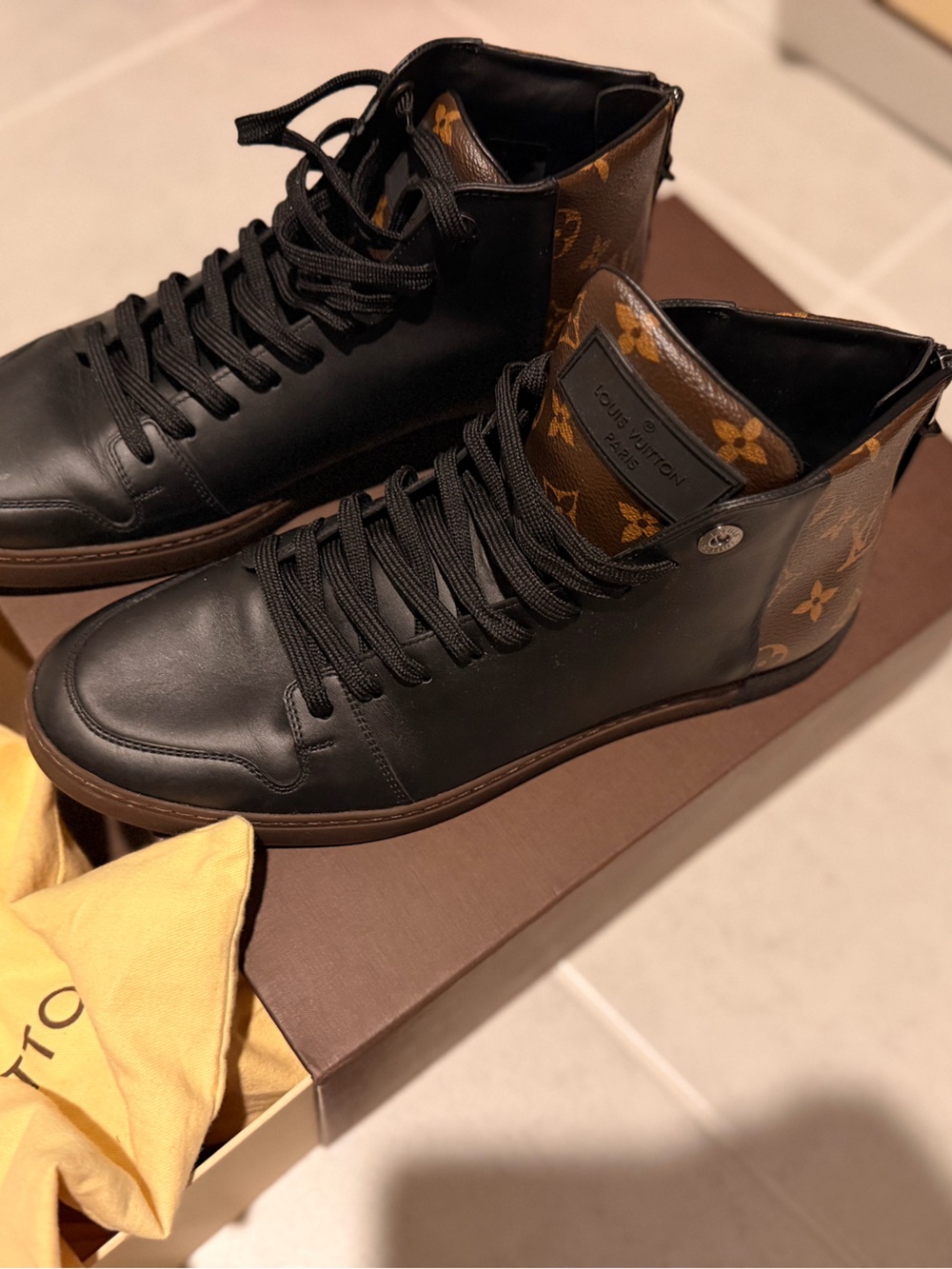 Louis Vuitton Black Leather High-Top Sneakers with Brown Monogram Panels